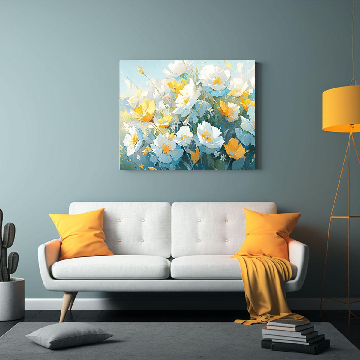 Pintura De Flores Amarillas Y Turquesa En Lienzo 40x30cm-2