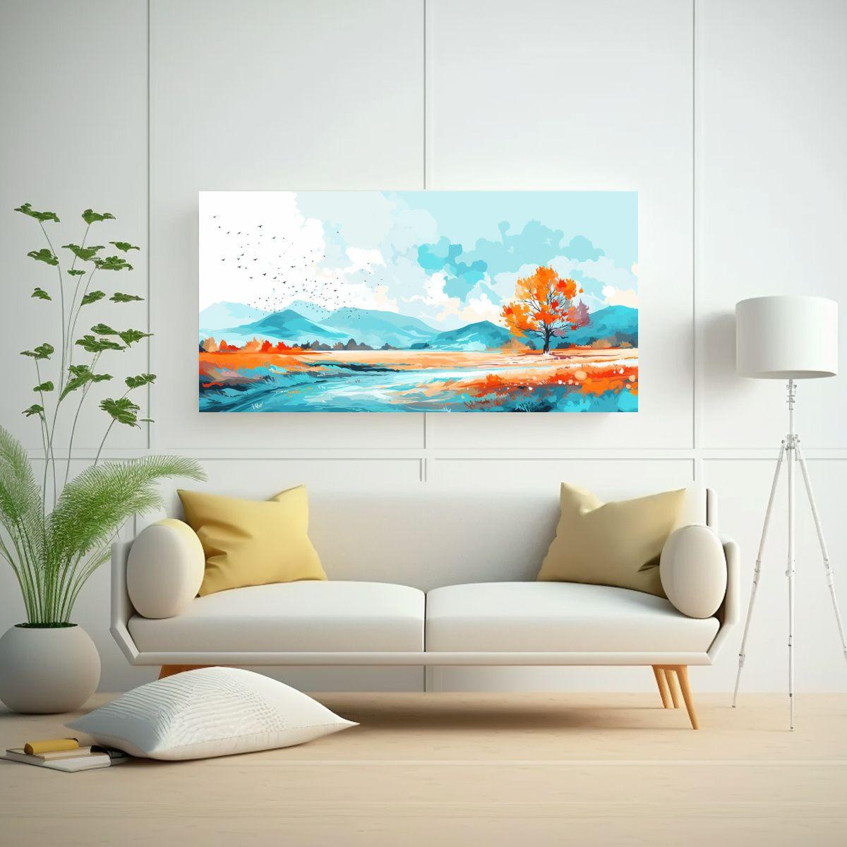 Paisaje Otoñal Con Colores Turquesa En Cuadro 80x40 Cm-2