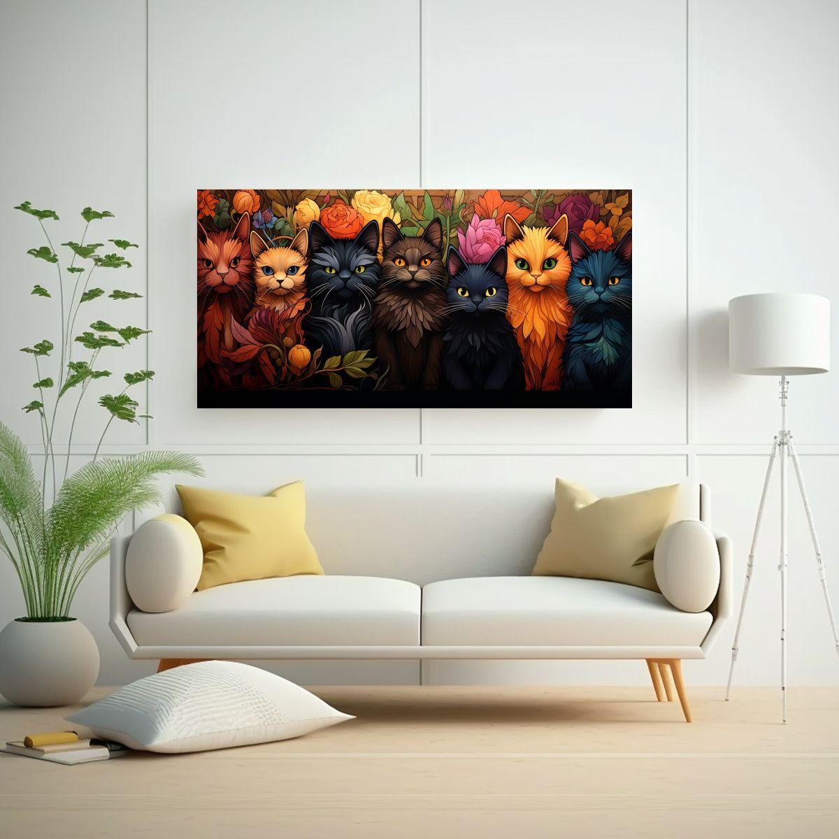 Cuadro Moderno Relieve Gatos Negros Sonrientes 160x80cm-2
