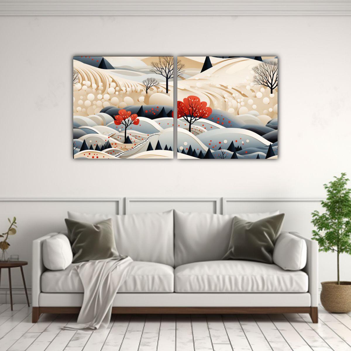 Conjunto De 2 Cuadros Dibujo Paisaje Escandinavo 140x70 Cm-2