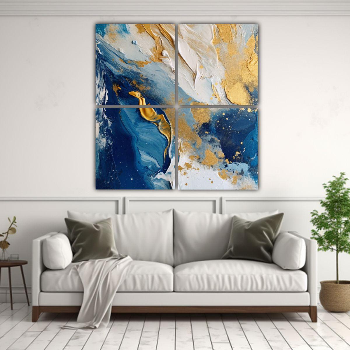 Cuadros Acuarela Azul Y Dorado Para Decoración 100x100 Cm-2