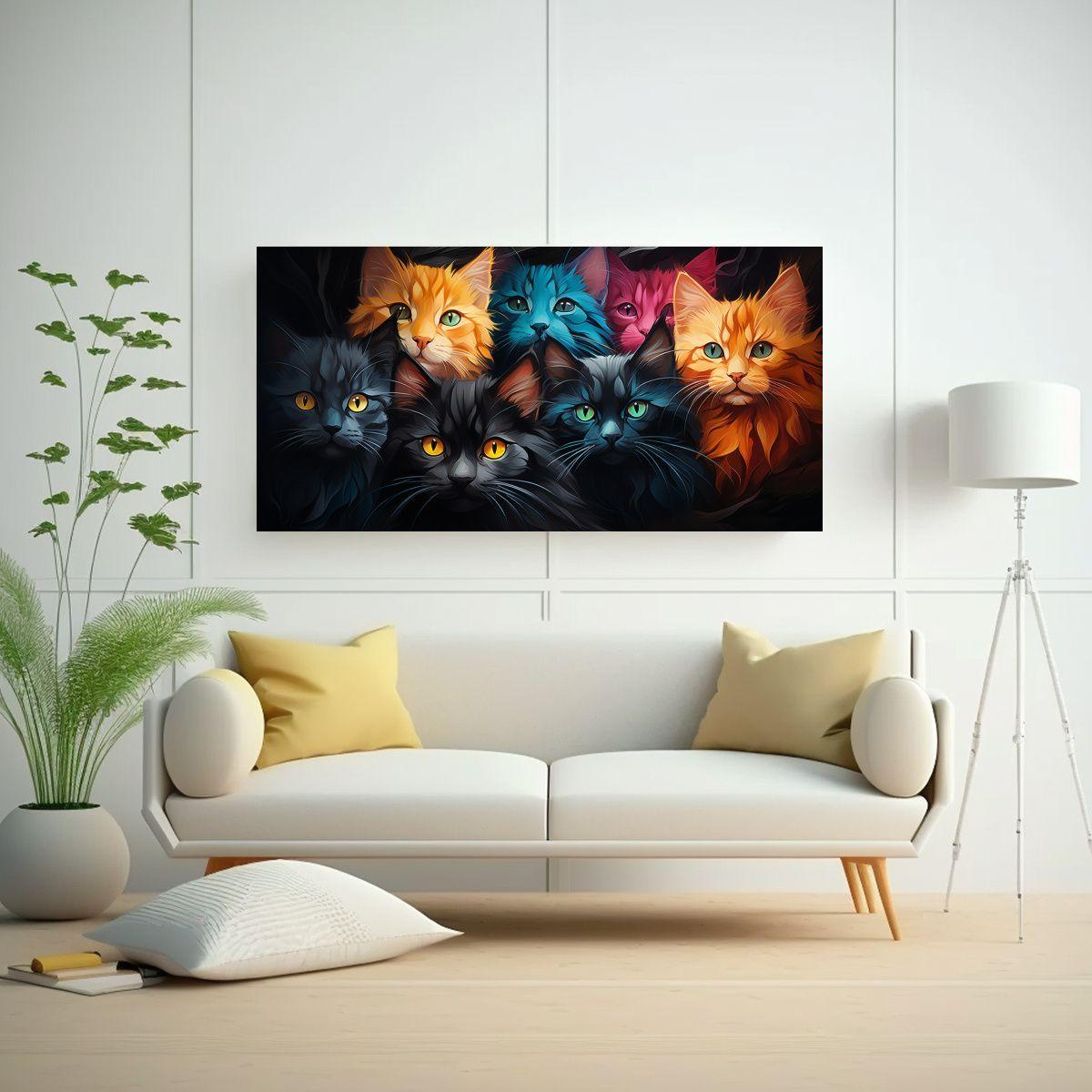 Cuadro De Gatos De Todos Los Colores Con Amarillo 140x70cm-2