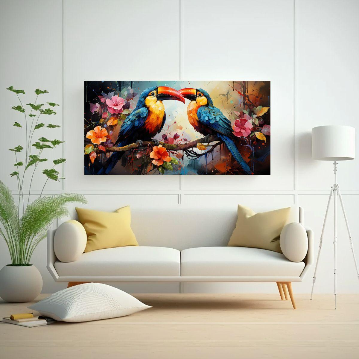Cuadro Tela Clásico Con Tucanes Estilo Acuarela 140x70cm-2