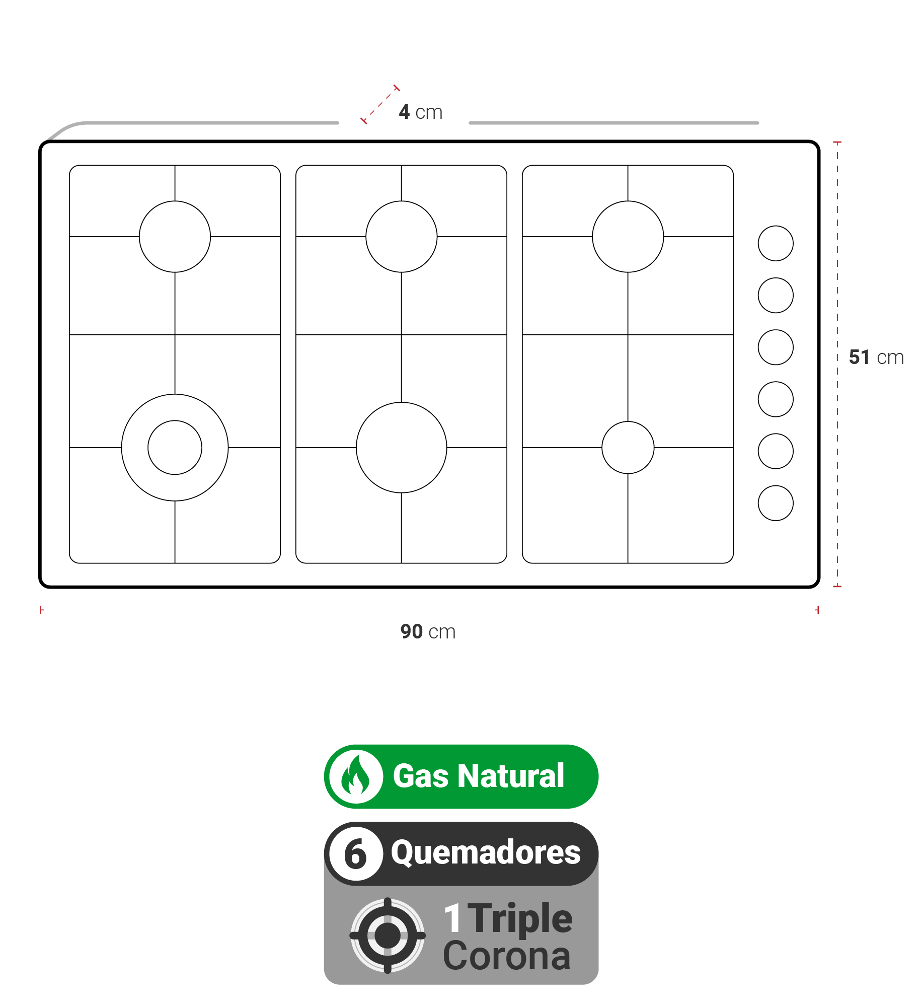 Encimera Gas Natural Albin Trotter Quadra 90 cm 6 Platos-4