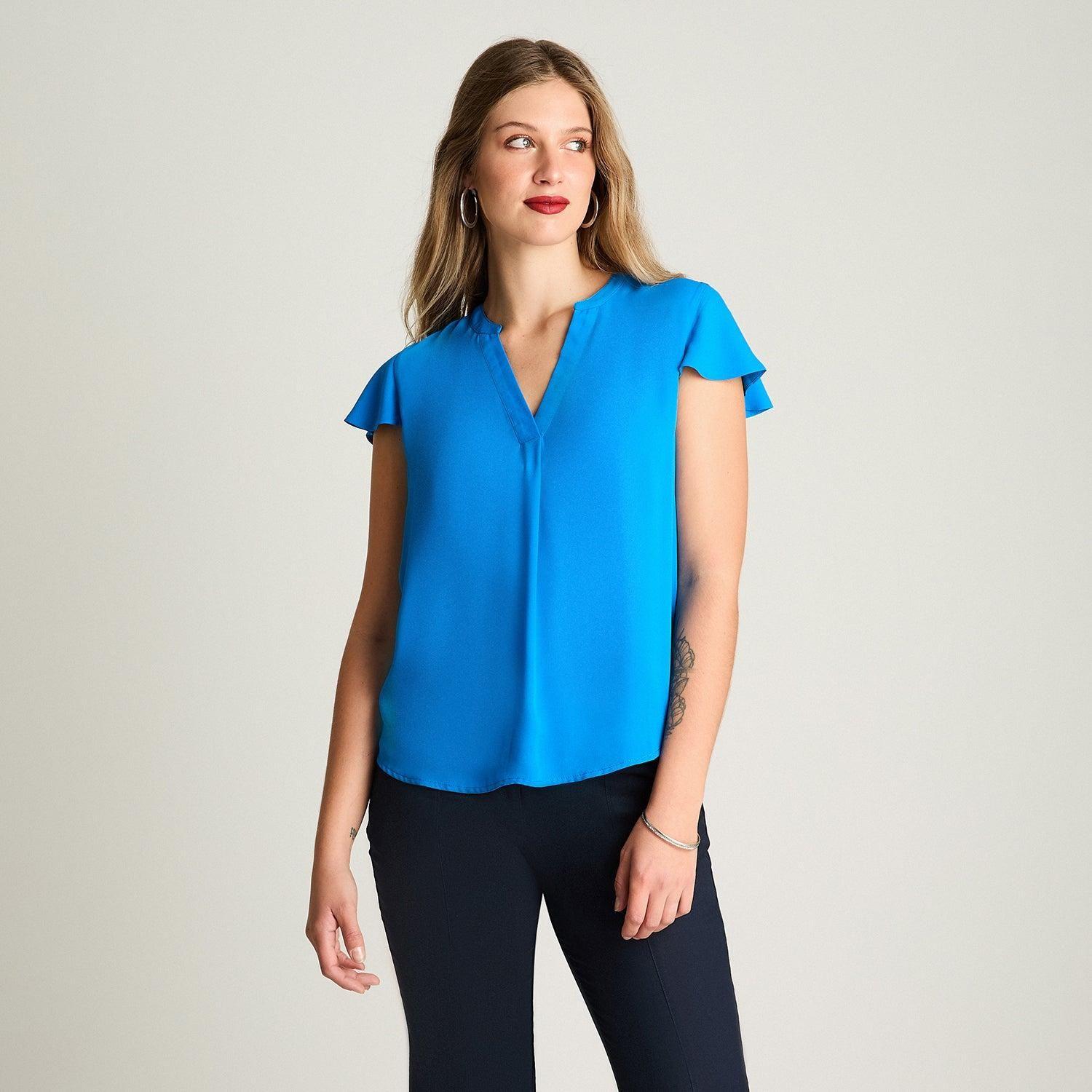 Blusa Escote Mao Manga Corta Con Vuelo Celeste-0