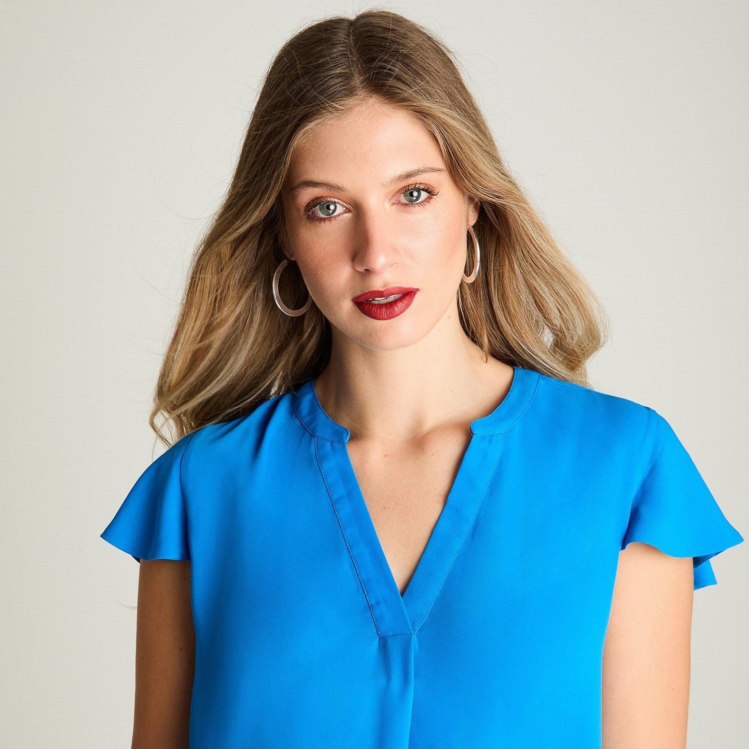 Blusa Escote Mao Manga Corta Con Vuelo Celeste-2