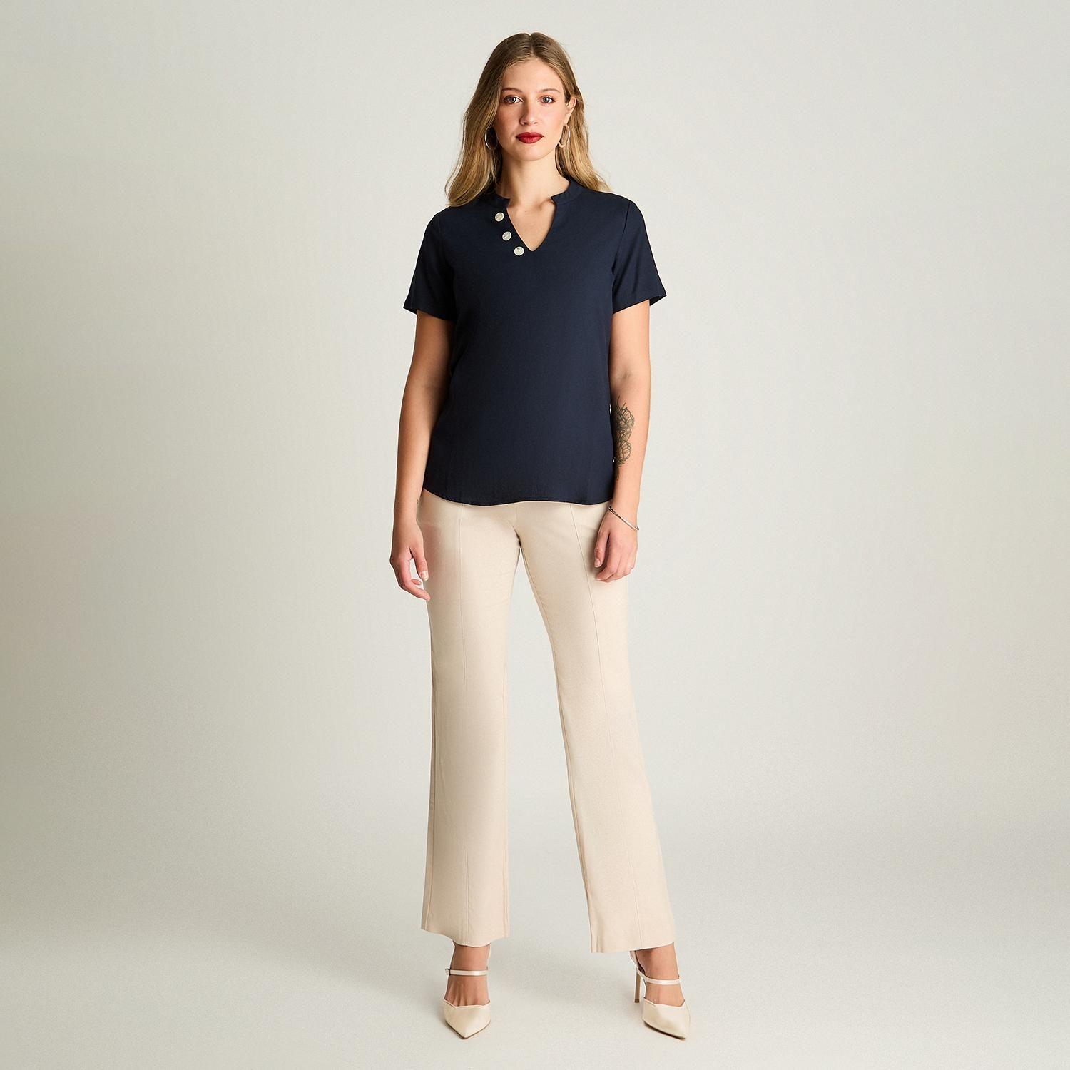 Blusa De Lino Escote Mao Con Botones Manga 3/4 Azul-3