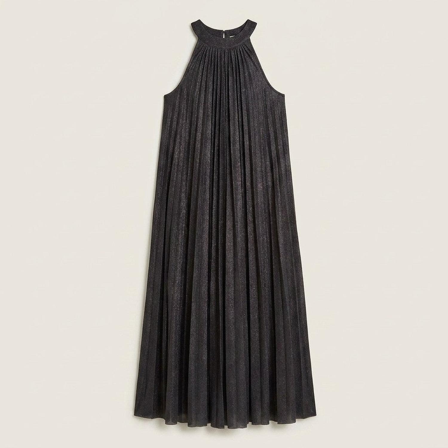 Vestido Largo Negro Sin Manga Plisado Cuello Redondo-6