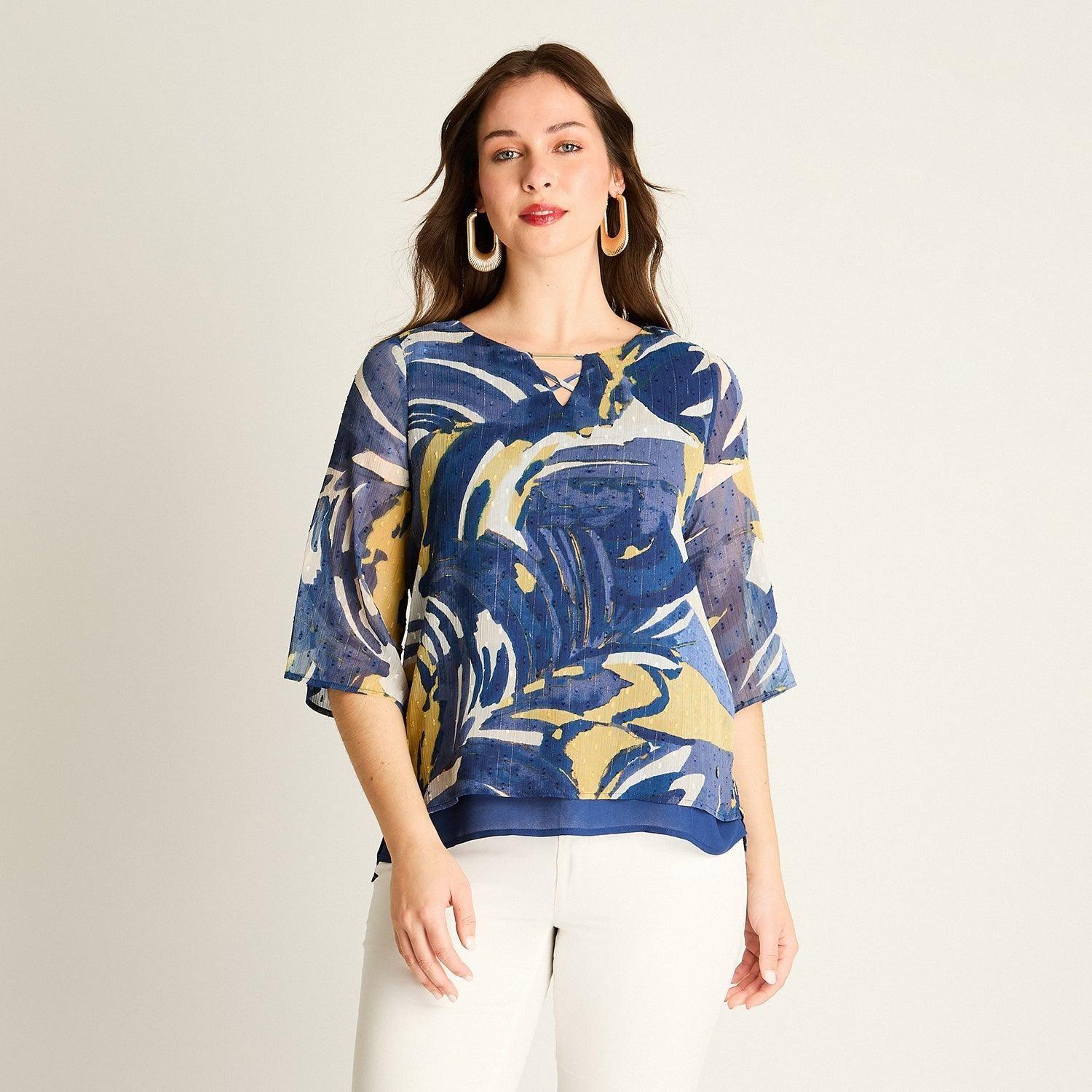Blusa Azul Estampada con Capas-0