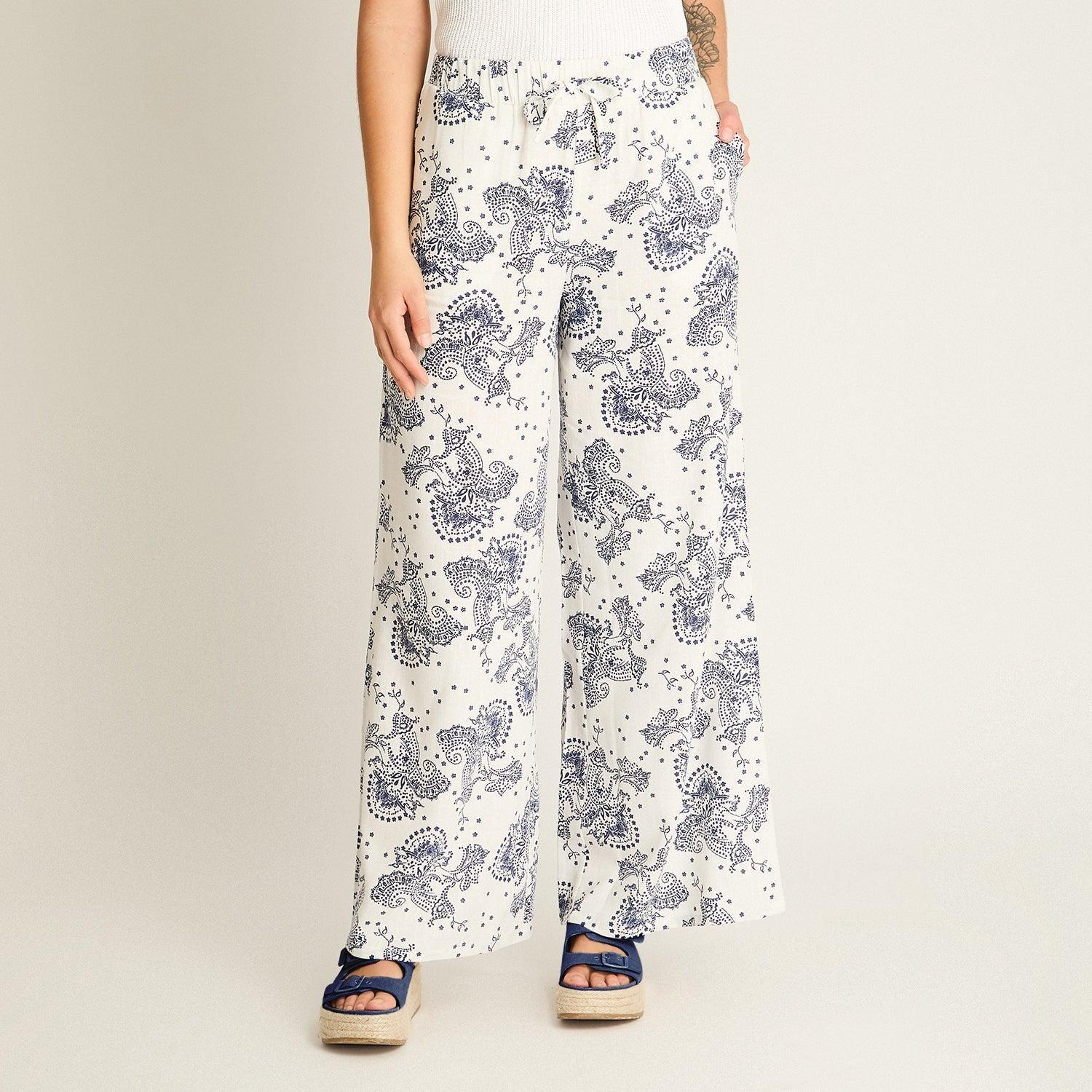 Pantalon Palazzo Blanco Estampado Mediterráneo-0