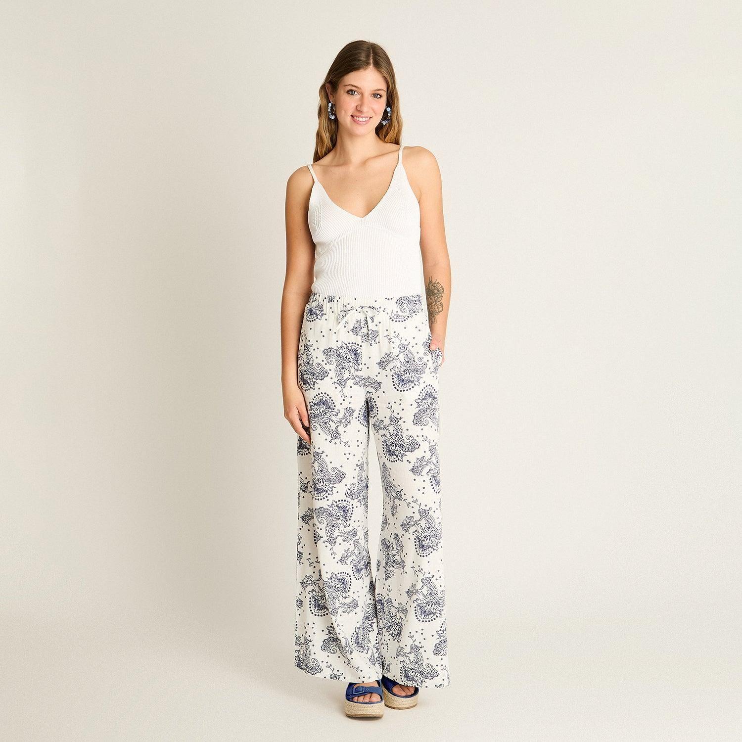 Pantalon Palazzo Blanco Estampado Mediterráneo-3