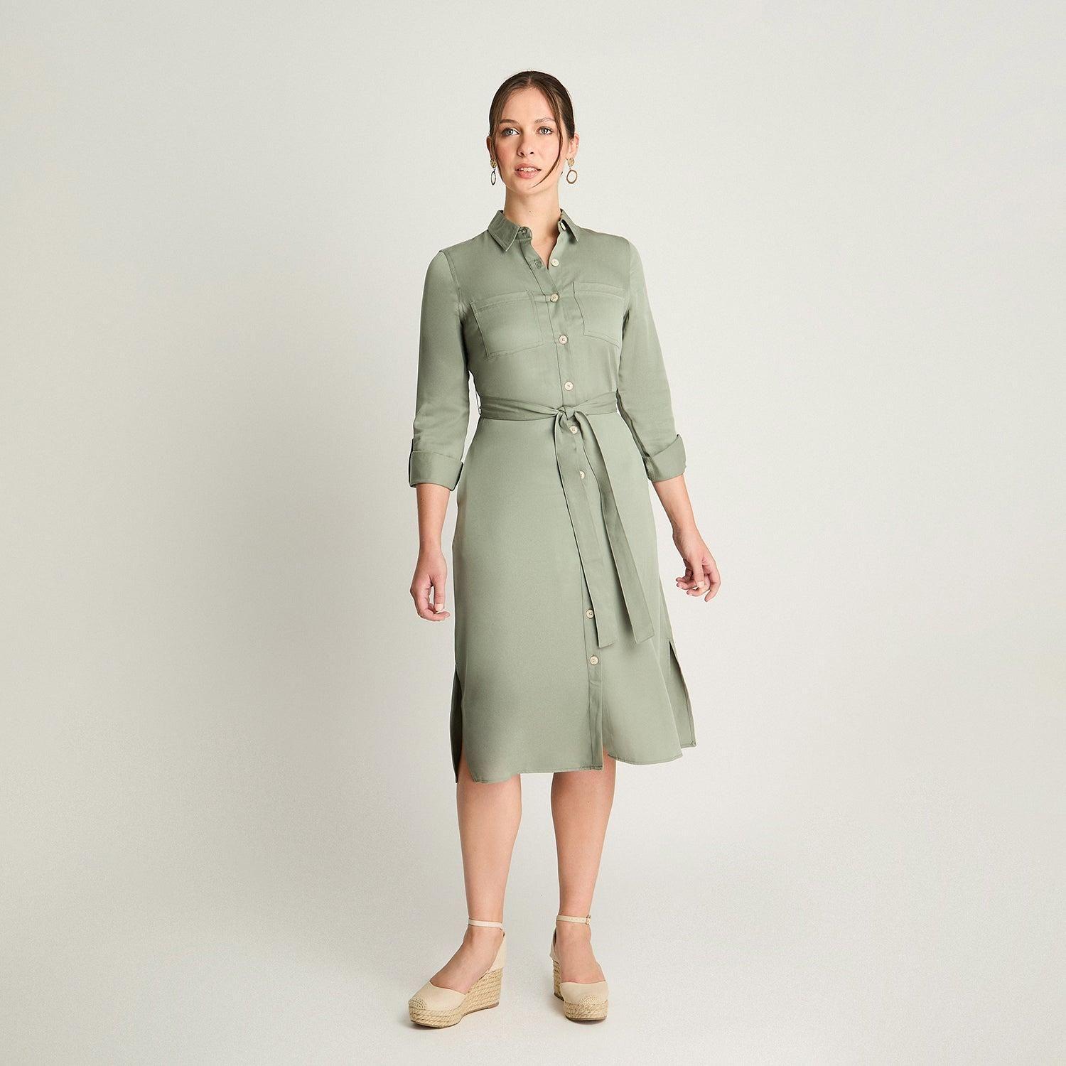 Vestido Manga Larga Lyocell Camisero Verde-3
