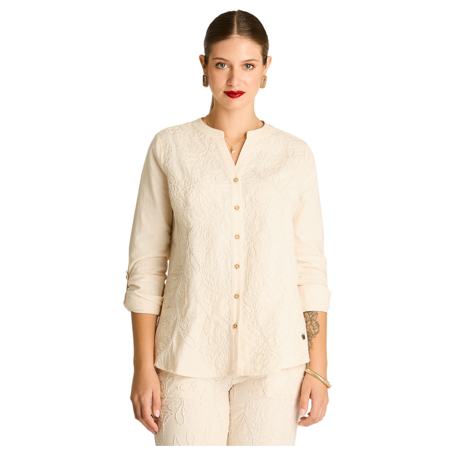 Blusa Arena con Bordado Delantero y Cuello Mao-0