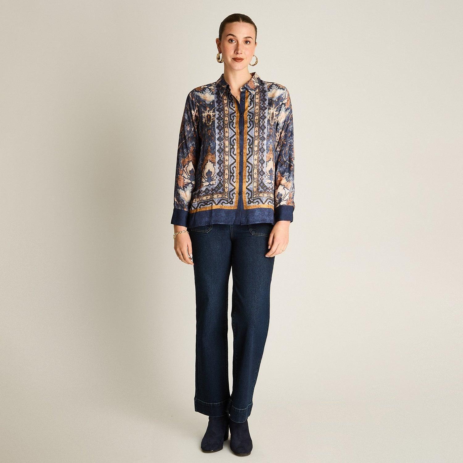 Blusa Camisera Azul Estampada Manga Larga-3