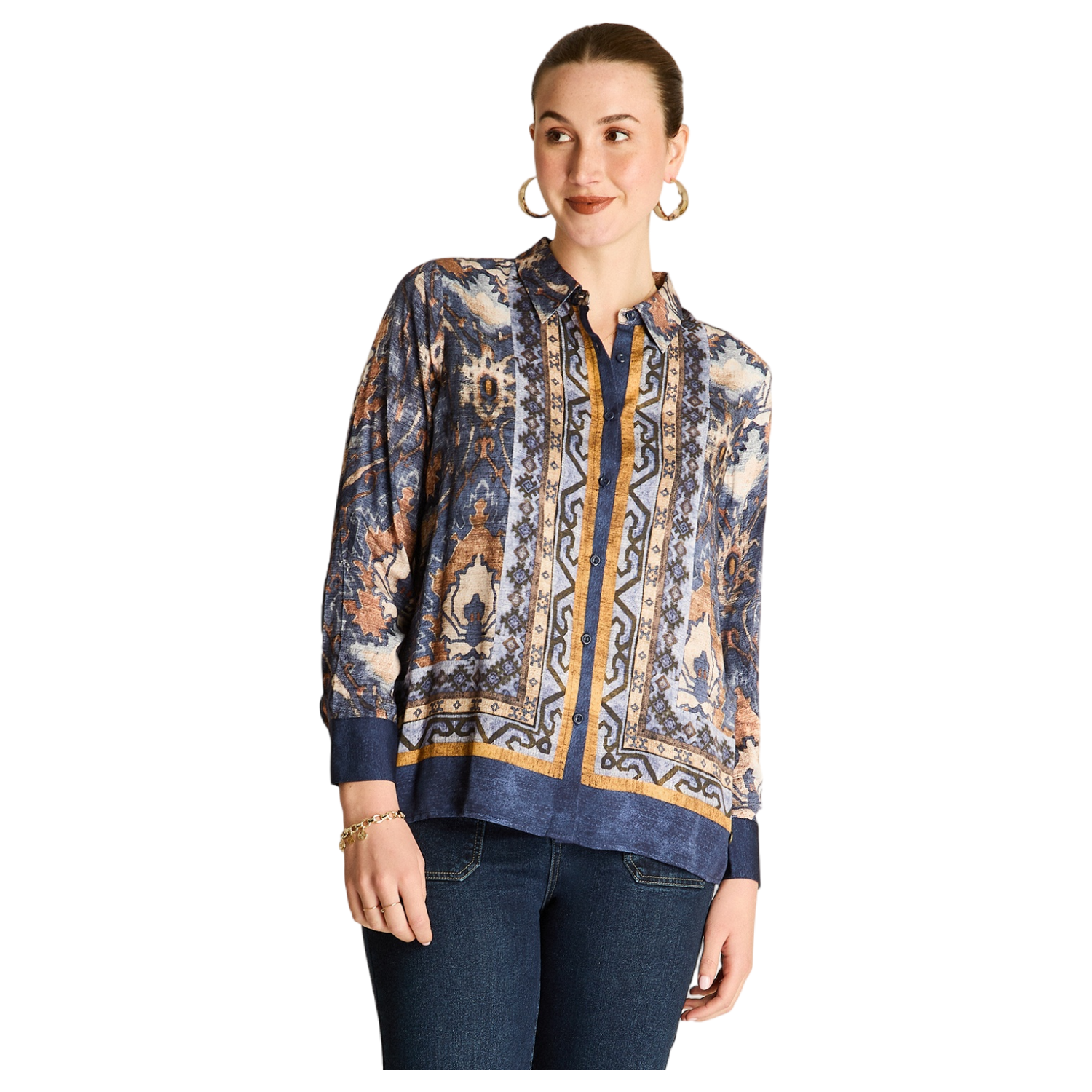 Blusa Camisera Azul Estampada Manga Larga-0