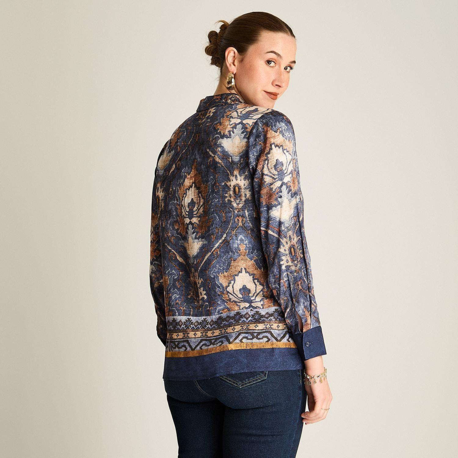 Blusa Camisera Azul Estampada Manga Larga-1