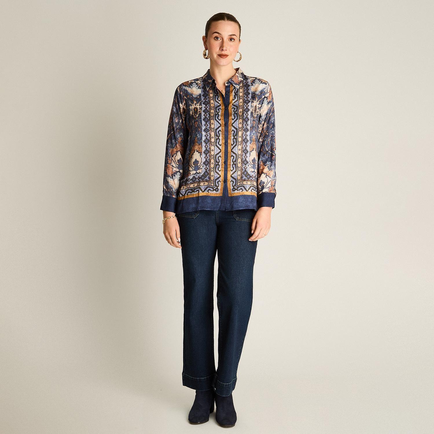 Blusa Camisera Azul Estampada Manga Larga-3