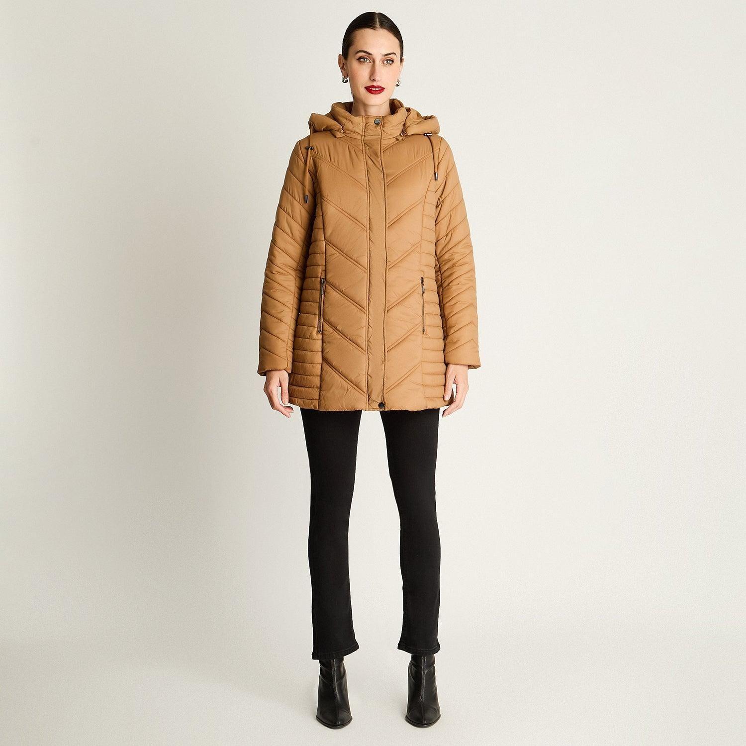 Parka Larga Con Cierre Frontal Y Gorro Camel-2