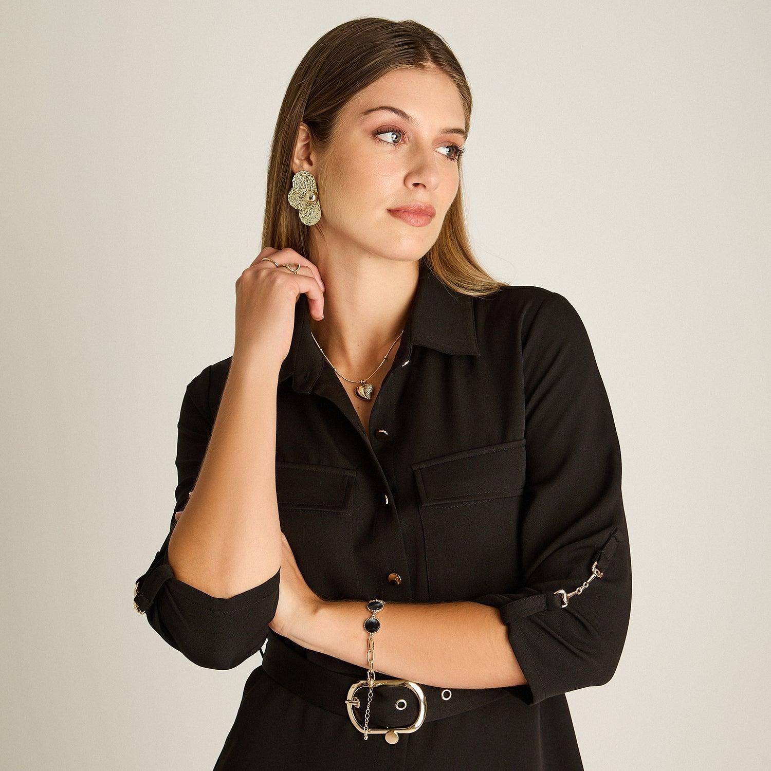 Vestido Midi Negro Manga Roll Up con Cinturón-2