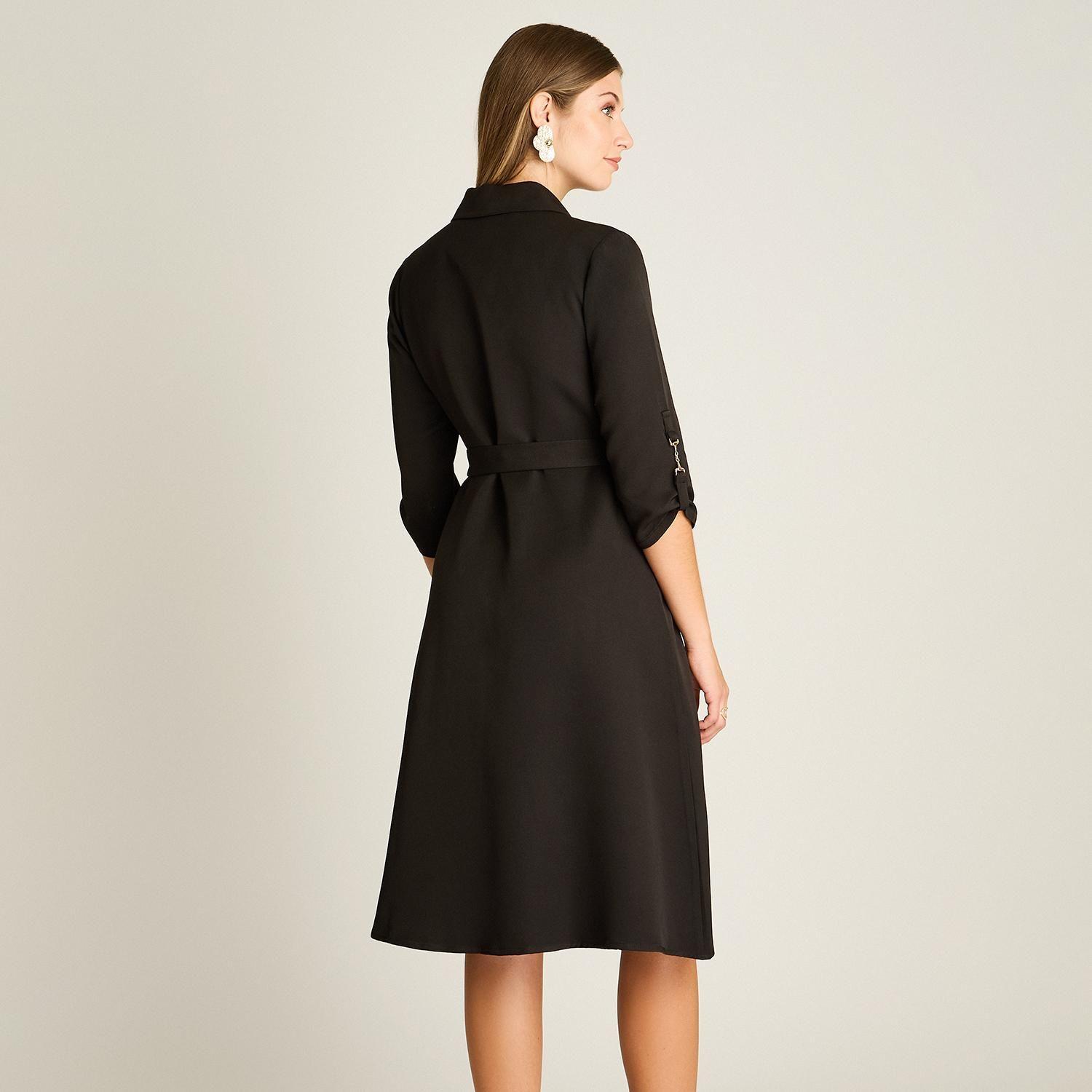 Vestido Midi Negro Manga Roll Up con Cinturón-1