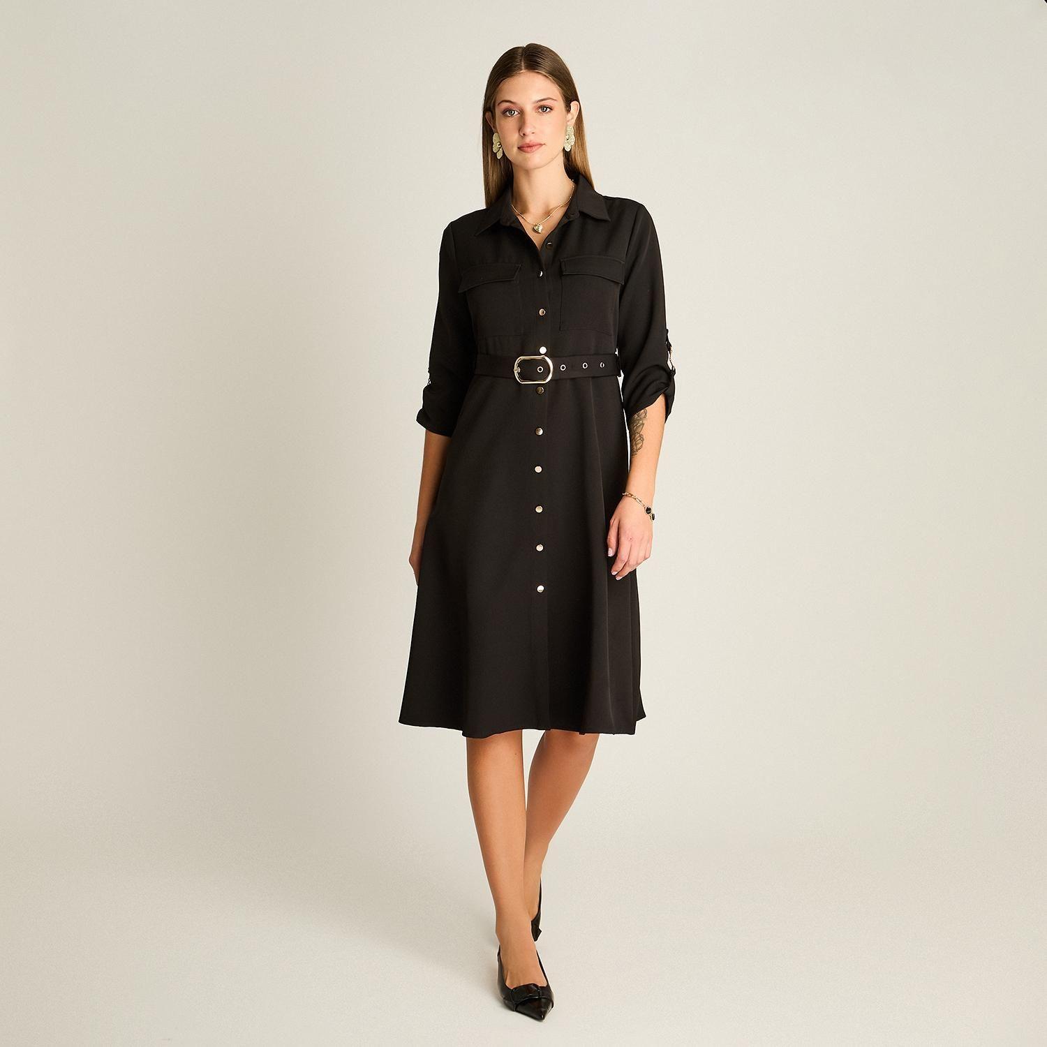 Vestido Midi Negro Manga Roll Up con Cinturón-3