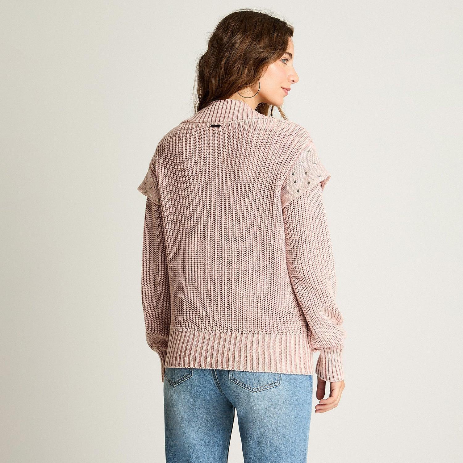 Cardigan Manga Larga Acid Wash Tachas Rosado-1