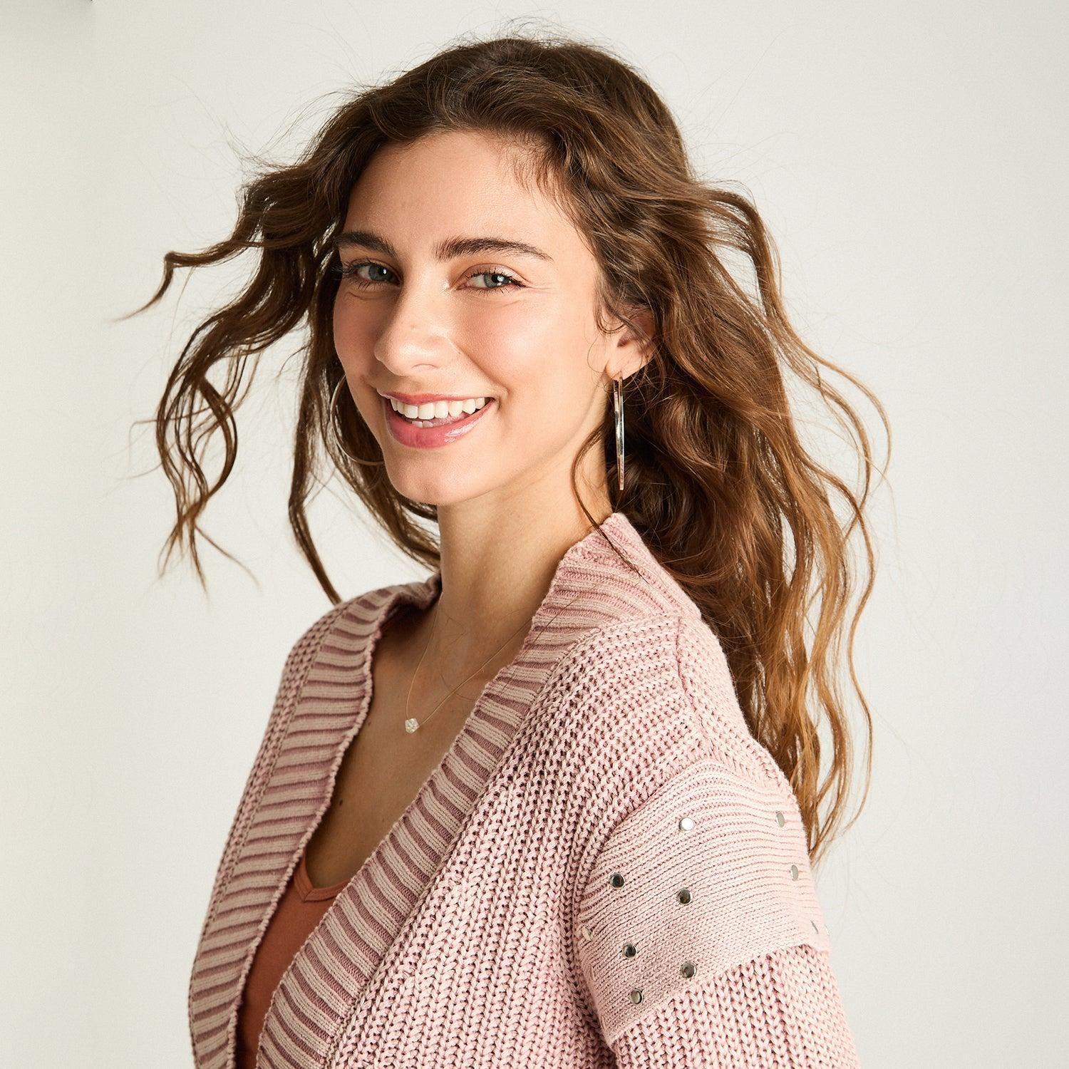 Cardigan Manga Larga Acid Wash Tachas Rosado-2