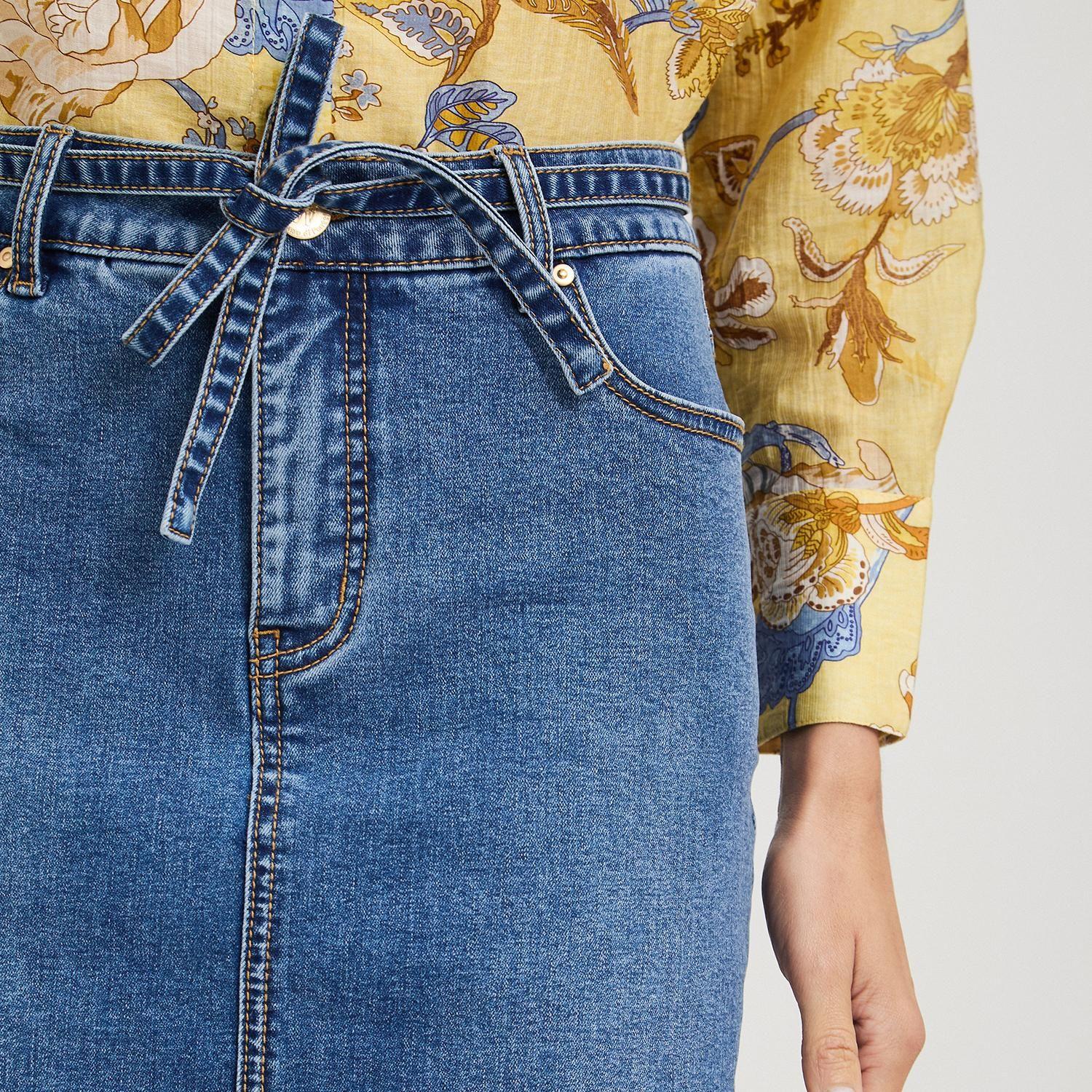 Falda de Denim con Cinturón y Corte Frontal Azul-2
