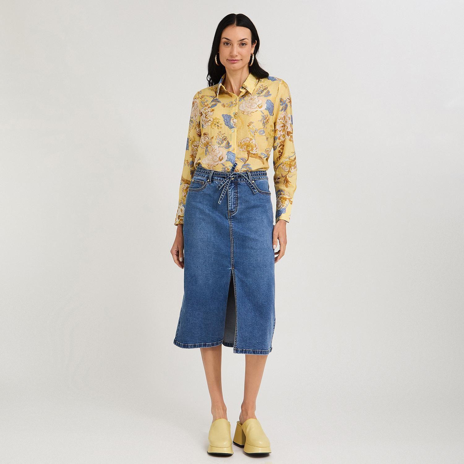 Falda de Denim con Cinturón y Corte Frontal Azul-3