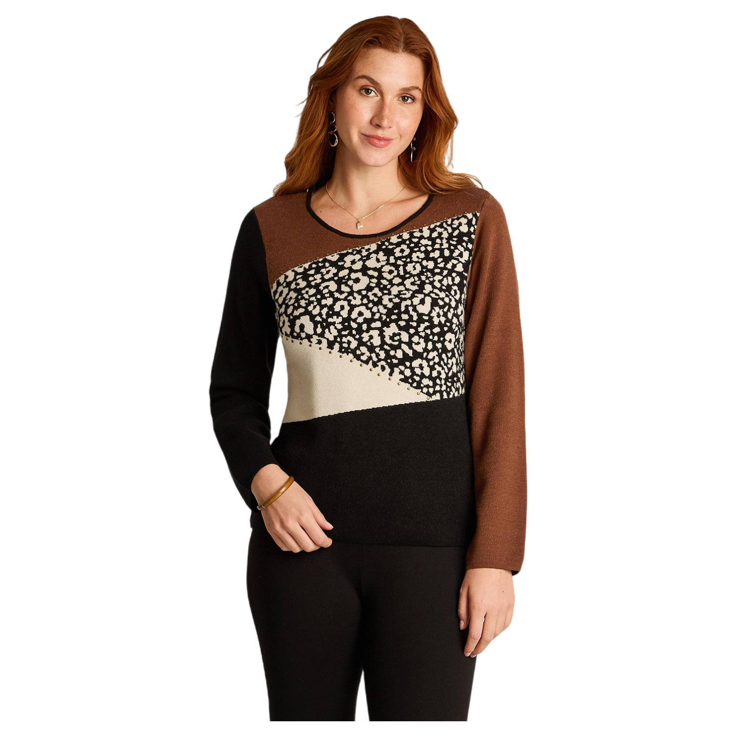 Sweater Negro con Bloques de Color y Estampado Animal Print en Tejido-0