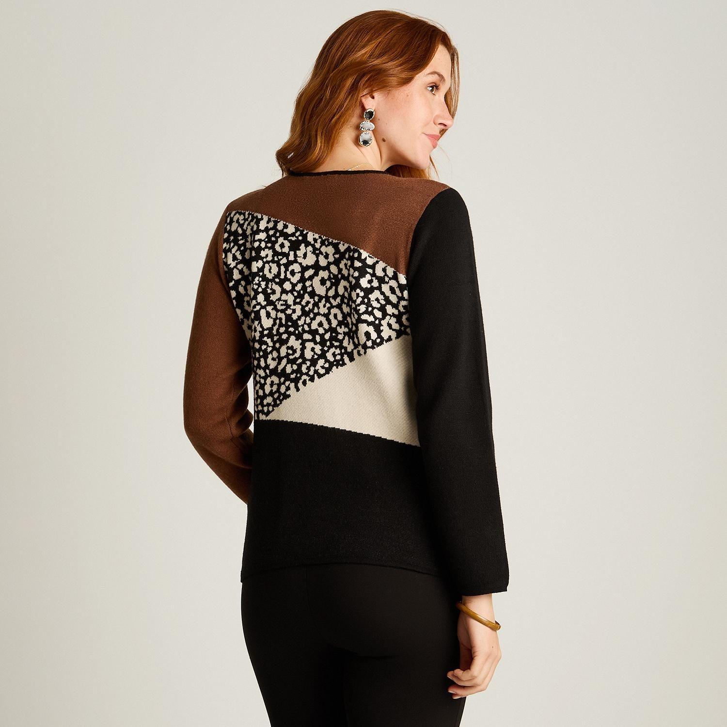 Sweater Negro con Bloques de Color y Estampado Animal Print en Tejido-1
