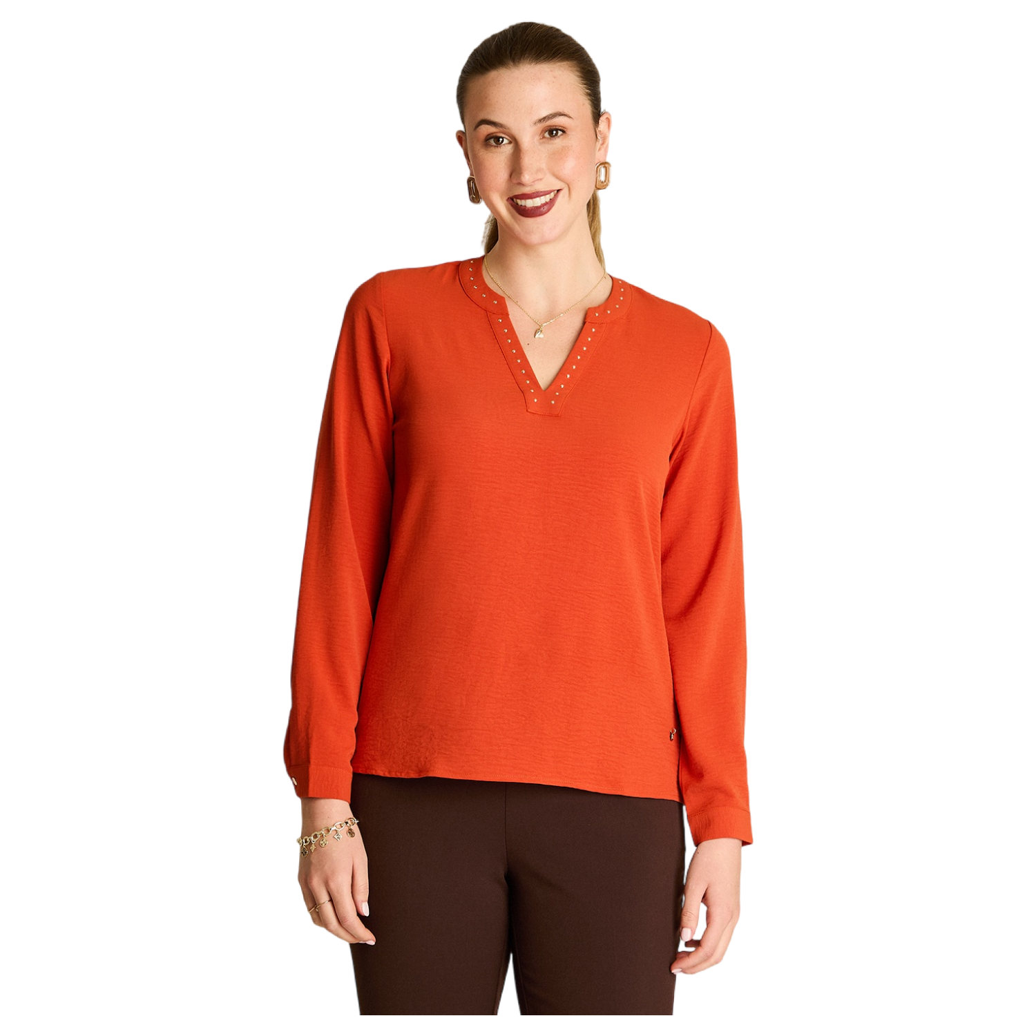 Blusa Terracota Manga Larga Elasticidad Nula Sin Forro Calce Normal Tela Plano-0