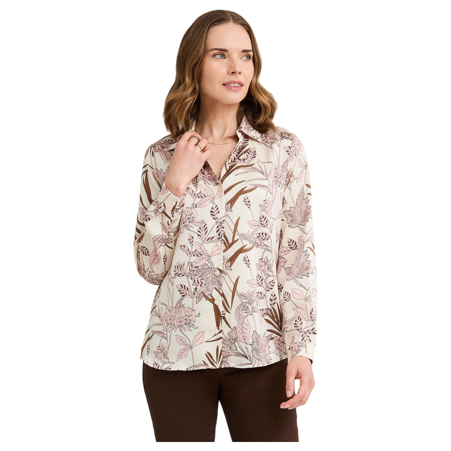 Blusa Manga Larga de Satin con Botones Estampada Beige-0