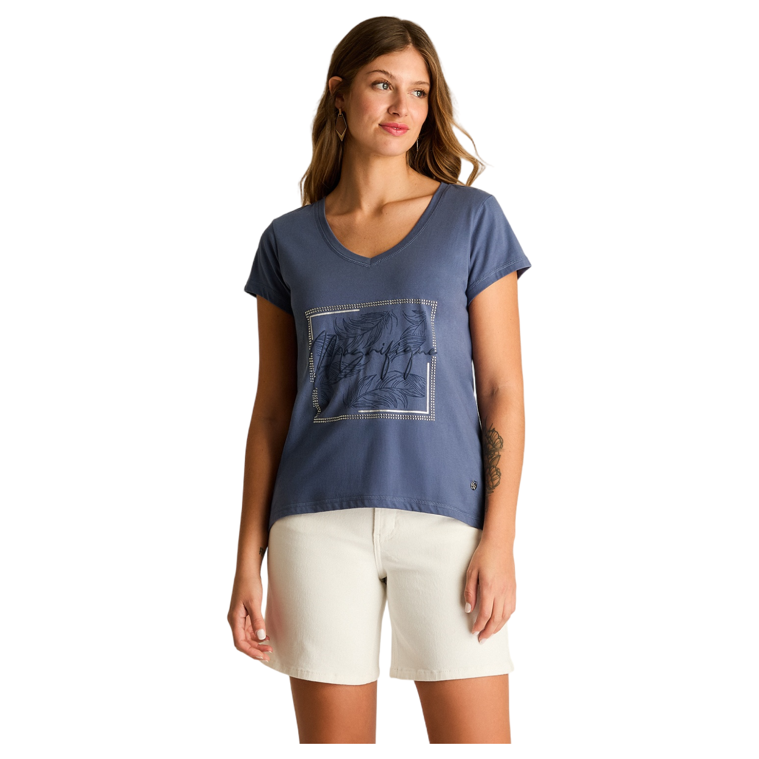 Polera Índigo con Estampado Frontal y Escote en V-0