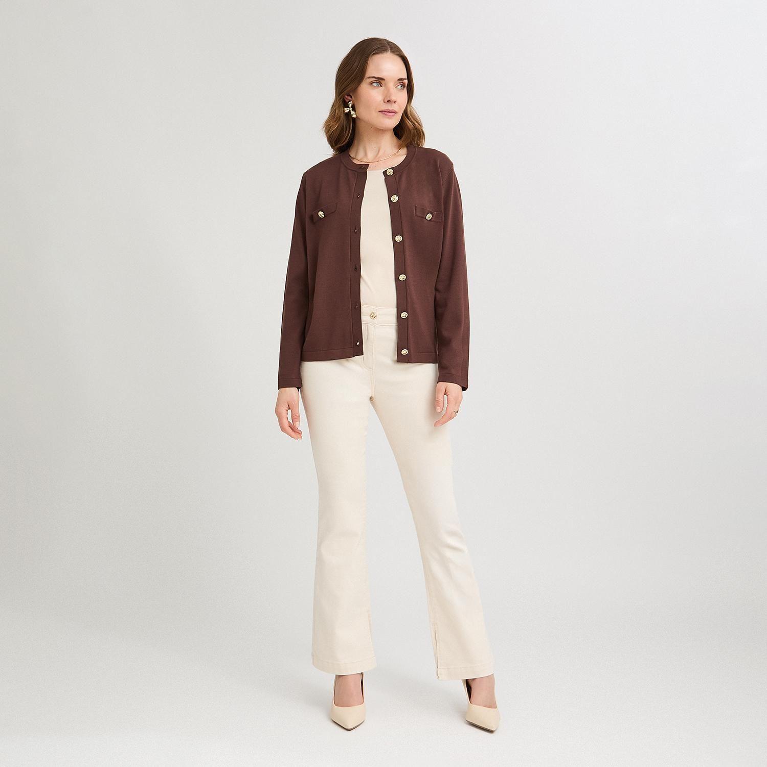 Cardigan Escote Redondo con Bolsillos Falsos Café-3