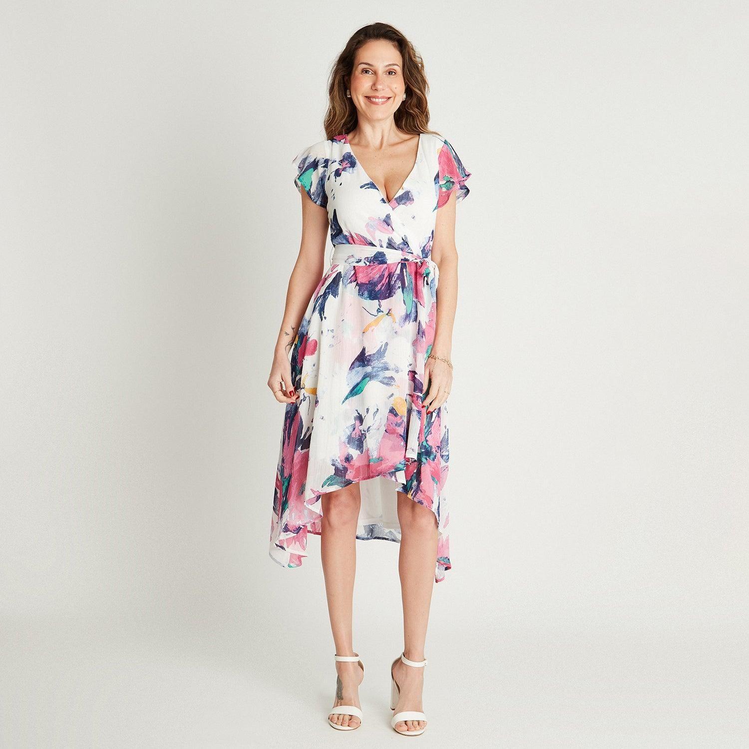 Vestido Midi Morado Manga Corta Estampado Cuello V-3