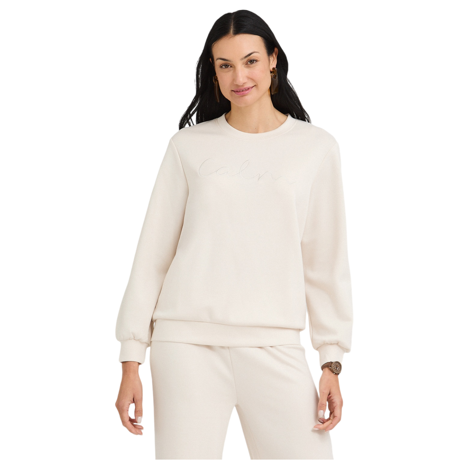 Polerón Algodón Escote Redondo Bordado Beige-0
