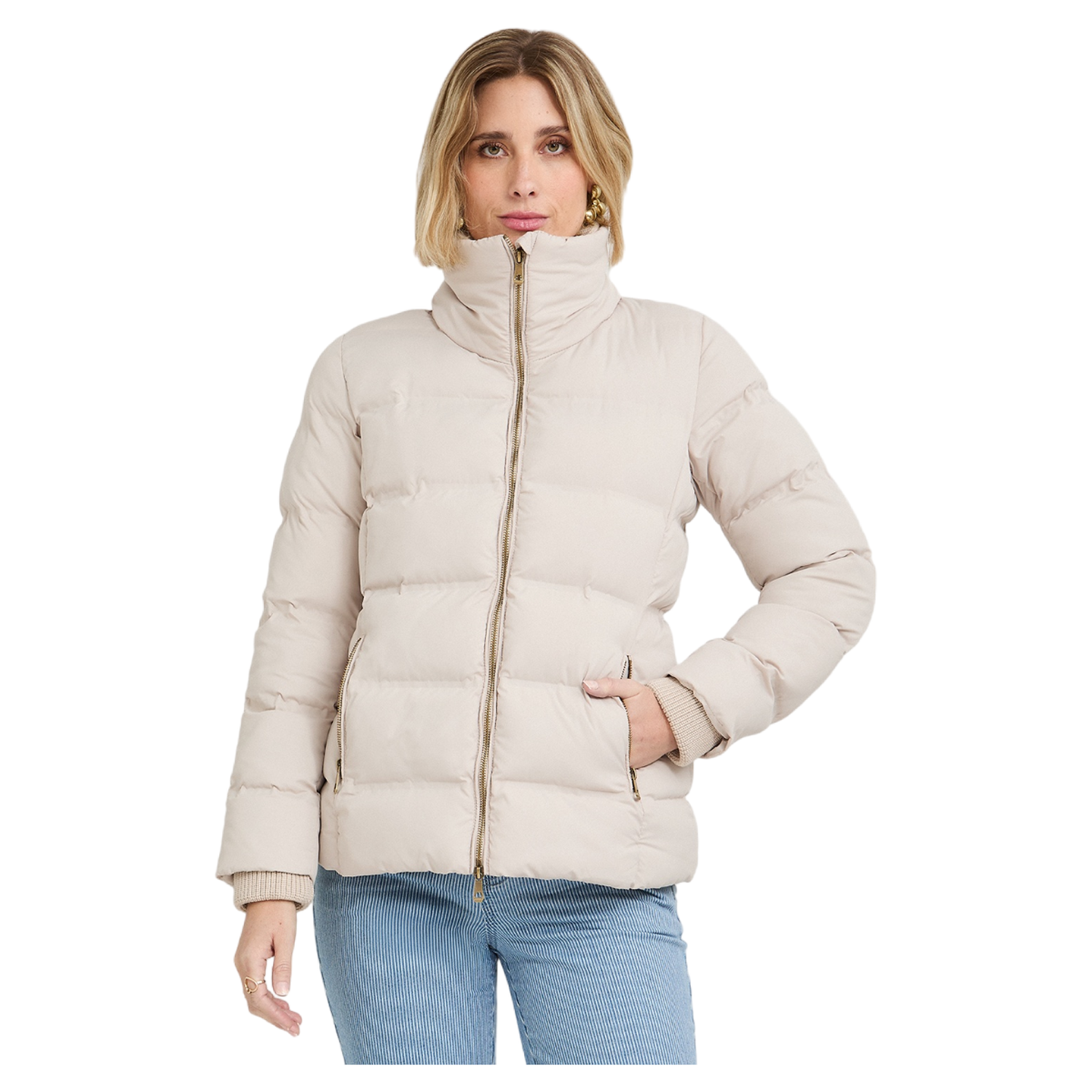 Parka corta beige con detalle de tejido en mangas y cuello-0