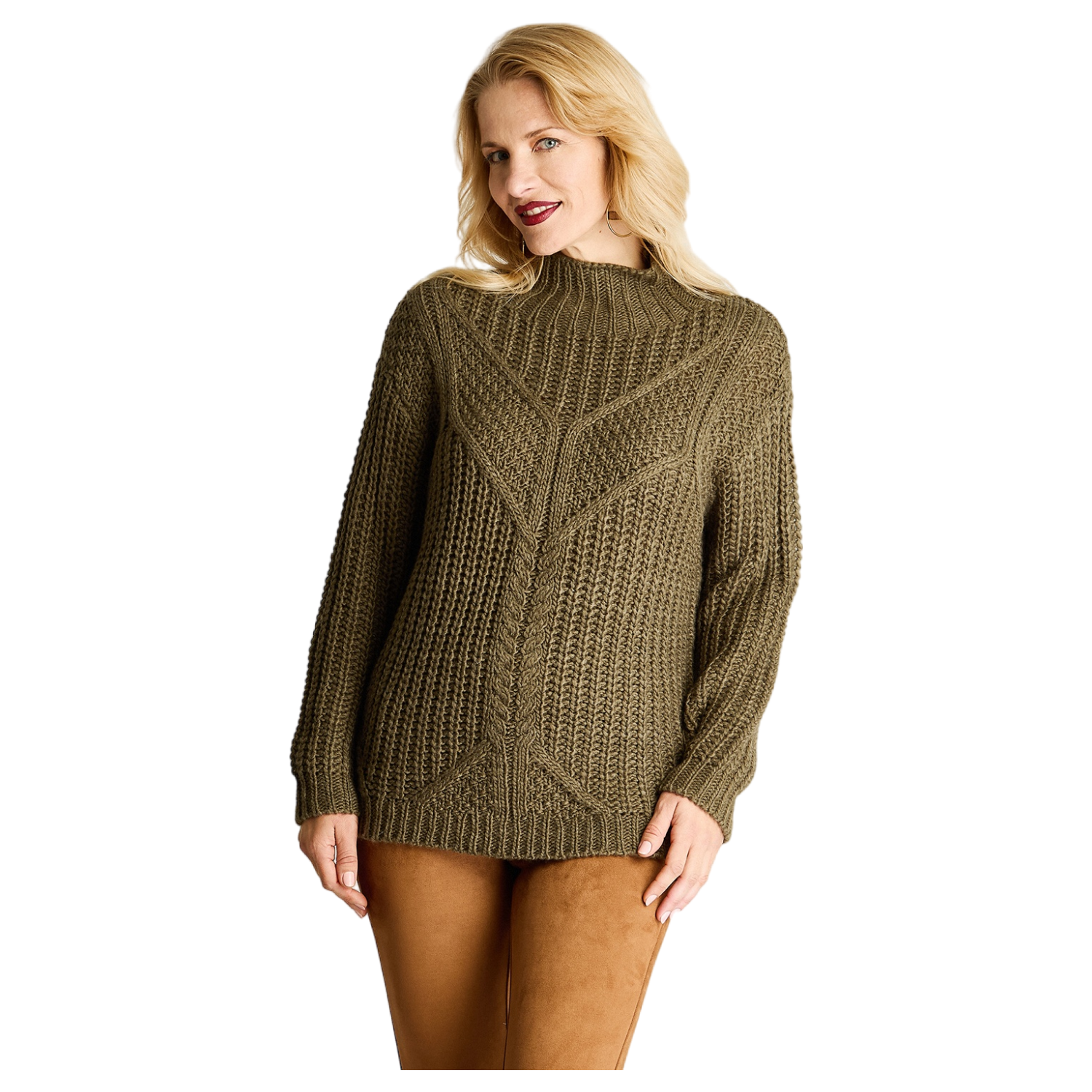 Sweater Manga Larga Diseño Trenzas Cuello Tortuga Verde-0