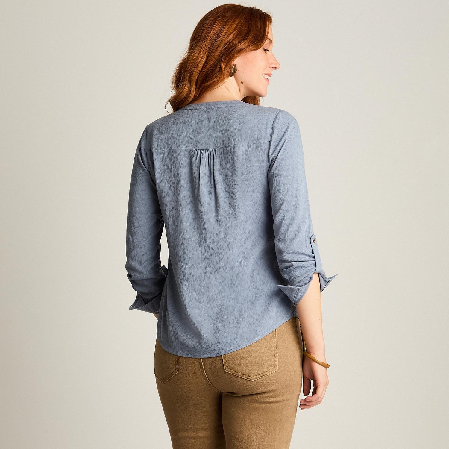 Blusa Índigo Cuello Mao con Manga Roll Up y Bolsillo Delantero-1