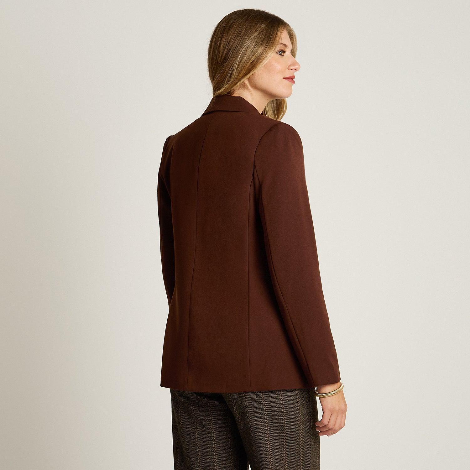 Blazer Cafe Manga Larga Elasticidad Nula Con Forro Calce Normal Tela Plano-1