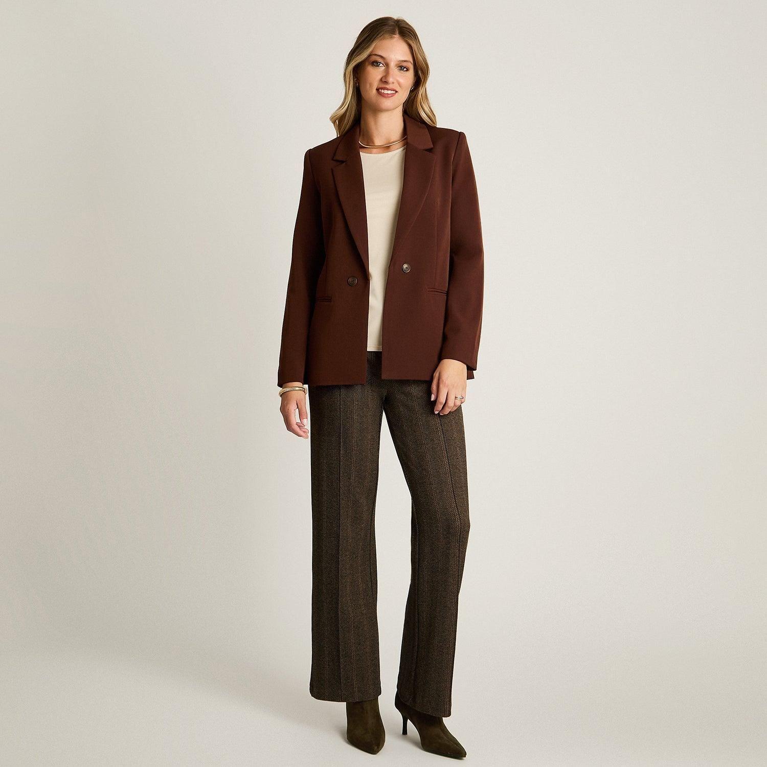 Blazer Cafe Manga Larga Elasticidad Nula Con Forro Calce Normal Tela Plano-3