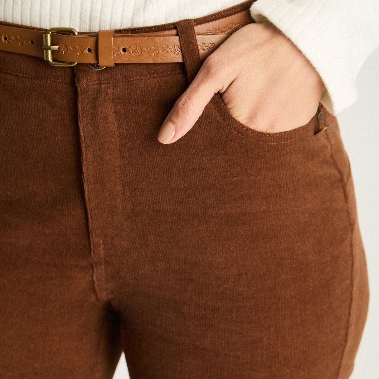 Pantalón De Cotele 5 Bolsillos Con Cinturón Café-1
