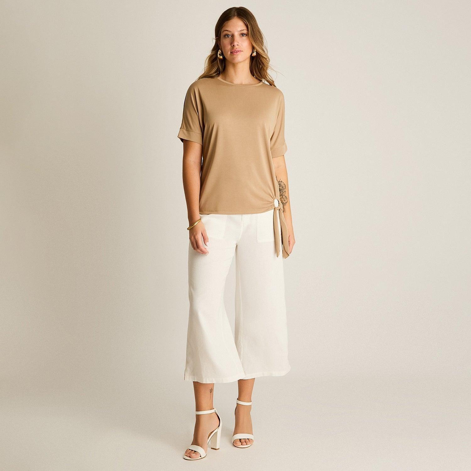 Polera Beige Manga Corta Sin Forro Calce Holgado-3