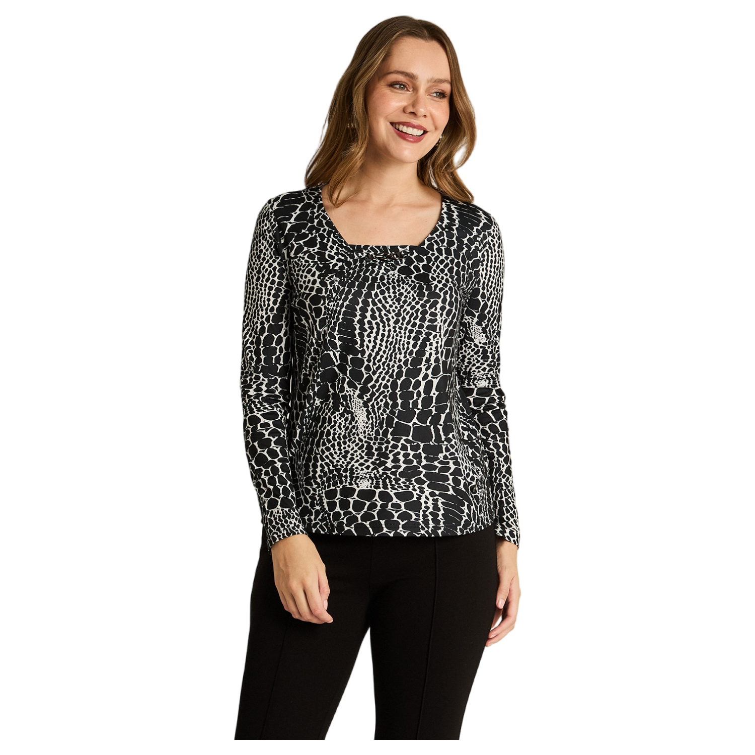 Polera Negra Estampada Escote V Tacto Calido-0
