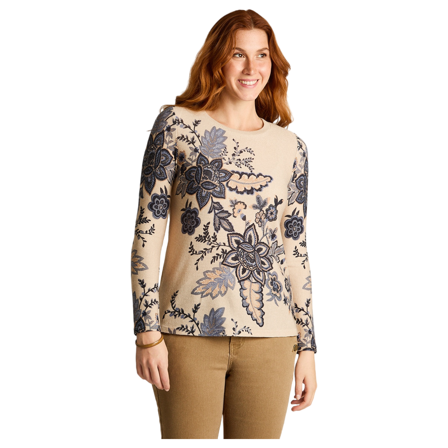Polera Beige Lanilla Gruesa Manga Larga Estampada-0