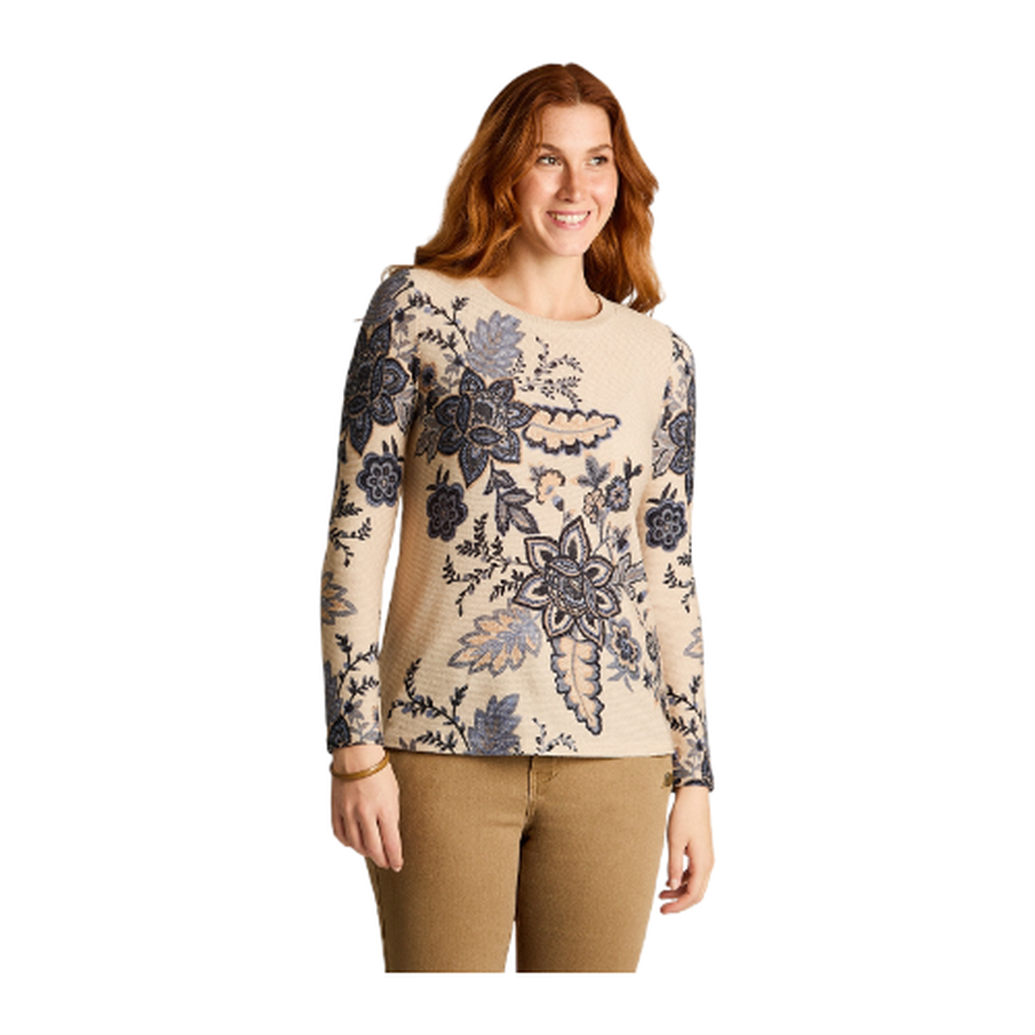 Polera Beige Lanilla Gruesa Manga Larga Estampada-0