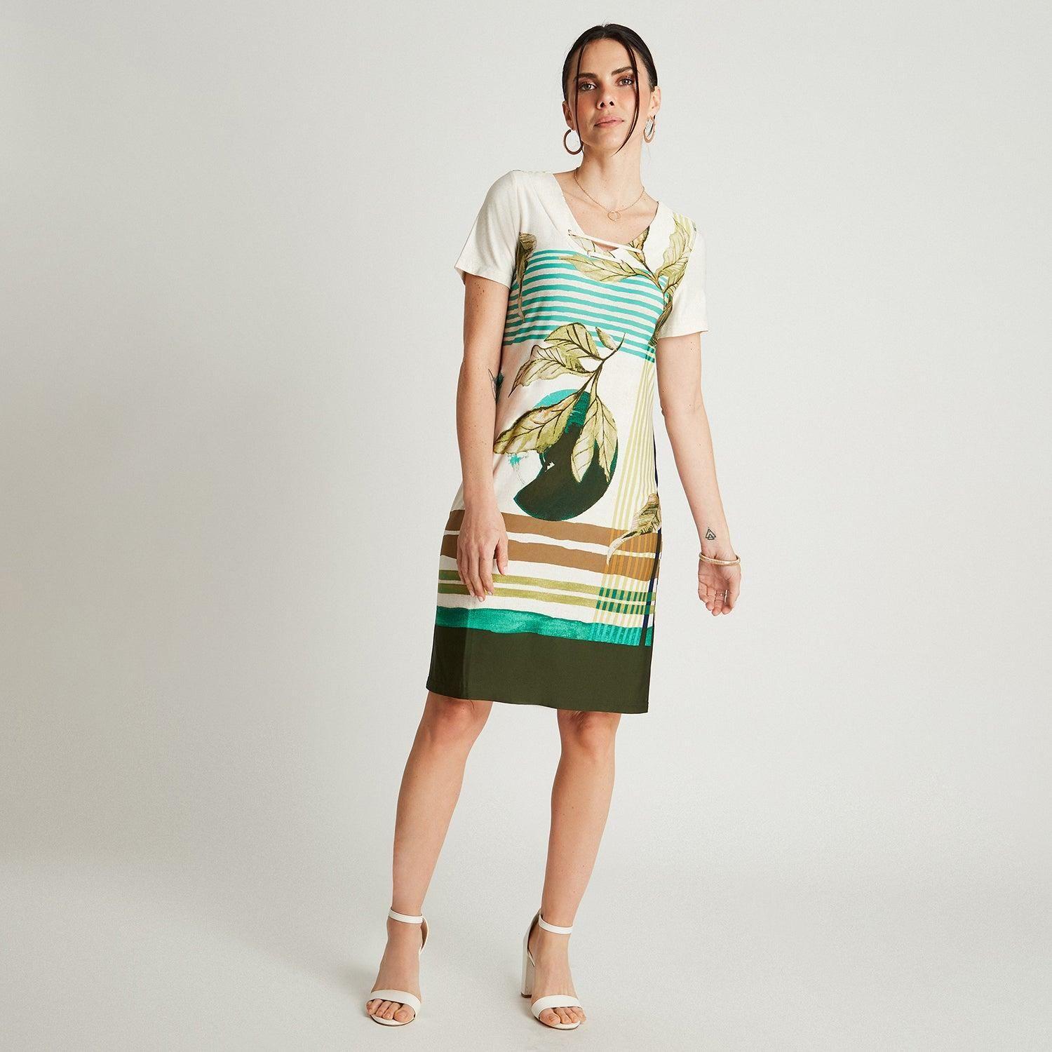 Vestido Midi Verde Manga Corta Estampado Cuello V-3