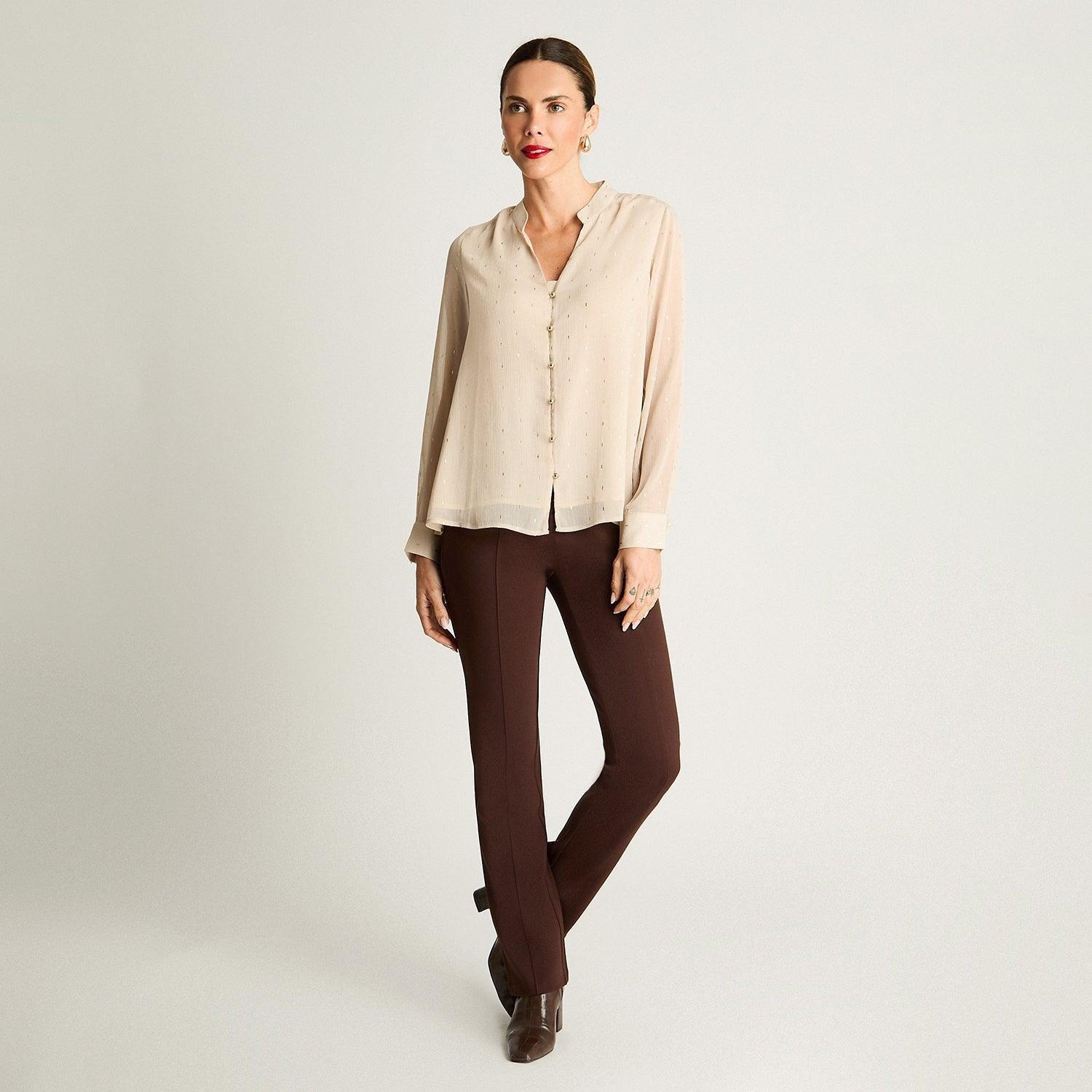 Blusa Manga Larga Escote Mao Tela Fantasia Beige-3