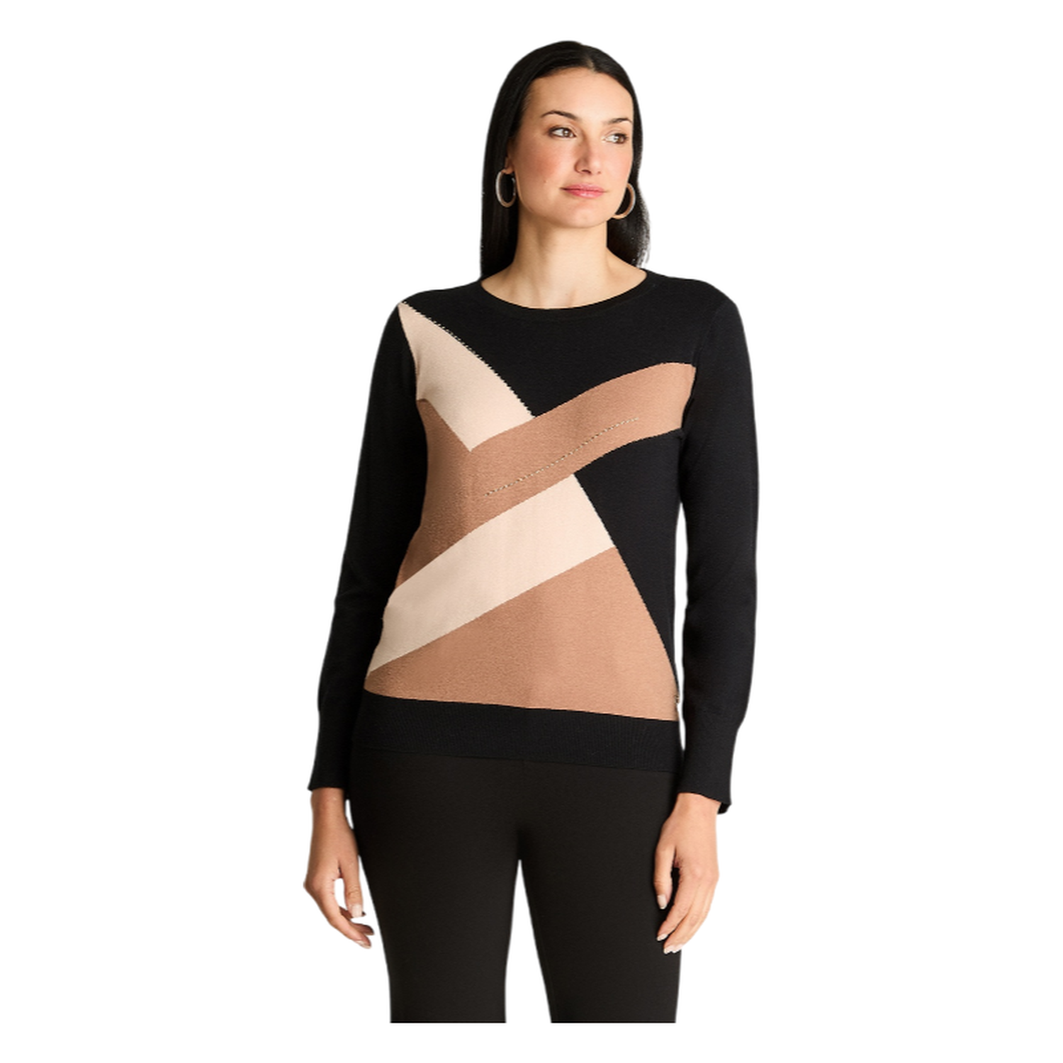 Sweater Manga Larga Escote Redondo Color Block Camel-0